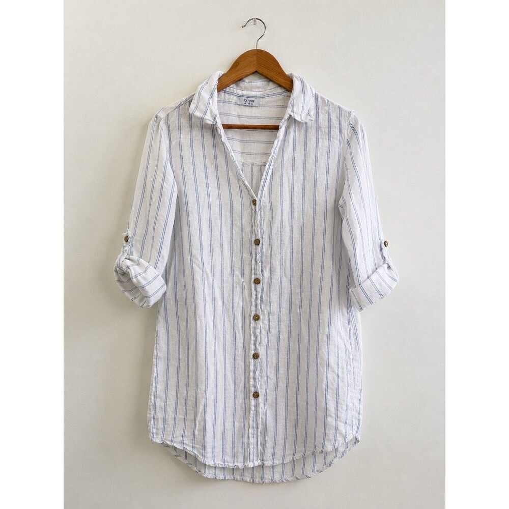 ROSENMOR Linen Stripe Shirt Dress Tunic White Blue Roll Tab Italy S